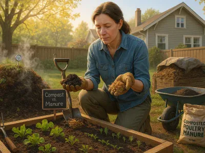 gardener-comparing-dark-compost-and-strawy-manure-beside-a-raised-vegetable-bed