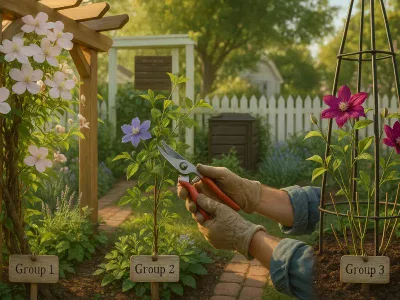 gardener-pruning-three-labeled-clematis-trellises-showing-groups-1-2-and-3