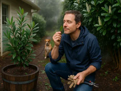 gardener-smelling-a-bay-leaf-beside-a-glossy-cherry-laurel-hedge-on-a-rainy-morning
