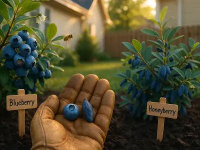Blueberry vs. Honeyberry: Which Is Best For Your Garden And Plate? hand-holding-a-blueberry-and-a-honeyberry-above-two-labeled-shrubs