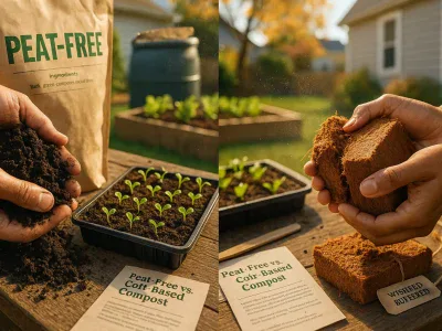 Peat-Free vs. Coir-Based Compost hands-comparing-dark-peat-free-compost-and-a-fibrous-coir-brick-in-a-garden