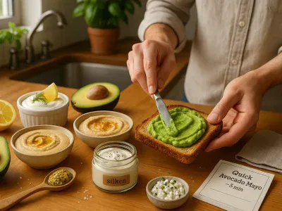 hands-spreading-avocado-on-toast-with-bowls-of-yogurt-hummus-tofu-nearby