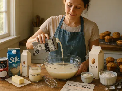 home-baker-pouring-oat-milk-into-a-bowl-surrounded-by-milk-substitutes-and-baked-goods