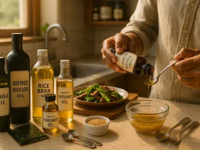 home-cook-pouring-toasted-walnut-oil-into-dressing-with-various-oil-bottles-nearby