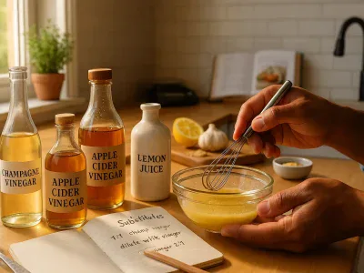 home-cook-whisking-vinaigrette-surrounded-by-labeled-vinegar-substitutes-and-lemon