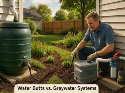 homeowner-comparing-a-rainwater-barrel-and-a-greywater-system-in-backyard
