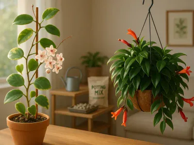 hoya-vine-on-a-trellis-beside-a-hanging-lipstick-plant-with-tubular-red-flowers