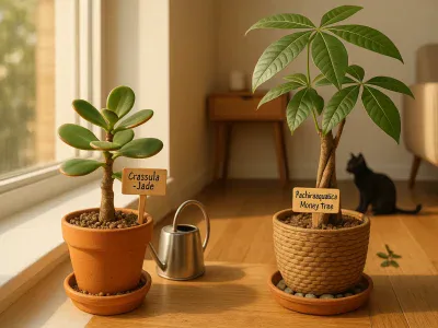 jade-succulent-on-windowsill-beside-a-taller-braided-trunk-money-tree-indoors