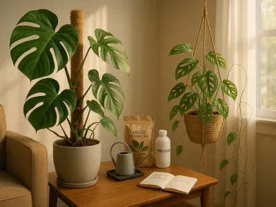 Monstera Deliciosa vs. Monstera Adansonii monstera-deliciosa-next-to-a-trailing-monstera-adansonii-in-a-bright-apartment-corner