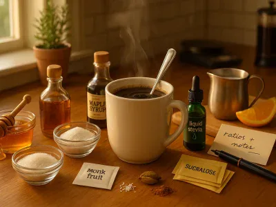 Best Alternatives To Sugar In Coffee morning-coffee-surrounded-by-jars-and-packets-of-sugar-alternatives