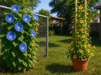 Morning Glory vs. Black-Eyed Susan Vine morning-glory-twining-fence-and-black-eyed-susan-vine-spilling-from-a-container