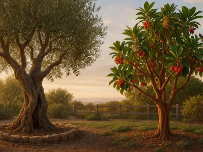 olive-tree-with-gnarled-trunk-beside-arbutus-with-peeling-bark-and-red-fruit