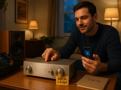 person-adjusting-a-compact-budget-amplifier-next-to-turntable-and-speakers