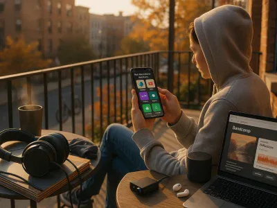 person-on-balcony-comparing-music-apps-with-headphones-vinyl-and-laptop