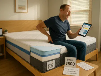 person-testing-an-affordable-queen-mattress-with-price-tag-and-tablet-reviews