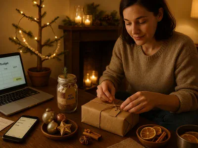 person-wrapping-a-brown-paper-gift-beside-a-laptop-with-a-holiday-budget