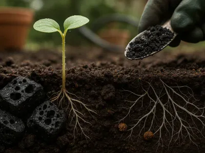 seedling-roots-with-porous-biochar-and-white-mycorrhizal-hyphae-in-moist-soil