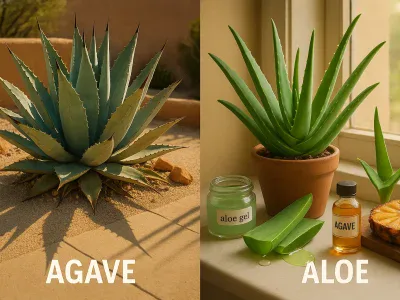 Agave Vs. Aloe side-by-side-agave-garden-rosette-and-potted-aloe-vera-with-sliced-gel