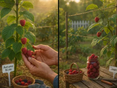 Raspberry 'Autumn Bliss' Vs. 'Joan J' side-by-side-autumn-bliss-and-joan-j-raspberry-clusters-in-a-sunny-backyard-garden