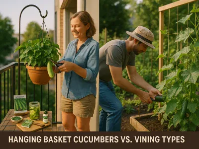Hanging Basket Cucumbers Vs. Vining Types side-by-side-balcony-hanging-basket-and-backyard-vining-cucumber-harvest