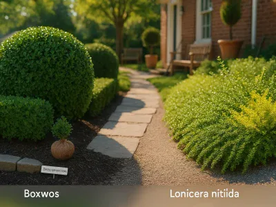 side-by-side-boxwood-spheres-and-glossy-lonicera-nitida-hedge-in-a-sunlit-garden