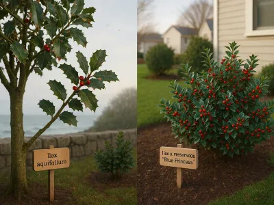Ilex Aquifolium vs. Ilex Meserveae side-by-side-english-holly-tree-and-compact-meserve-hybrid-holly-with-berries