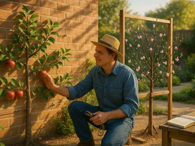 side-by-side-espalier-apple-against-brick-and-fan-trained-plum-with-gardener