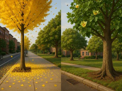 side-by-side-ginkgo-in-golden-fall-and-blooming-tulip-tree-on-a-suburban-street