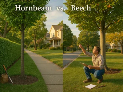 Hornbeam Vs. Beech: Which Tree Is Right For Your Landscape? side-by-side-hornbeam-hedge-and-stately-beech-specimen-in-a-suburban-yard