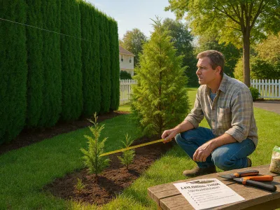 side-by-side-leylandii-and-thuja-hedges-with-homeowner-measuring-plants