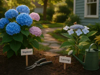 Mophead Hydrangeas Vs. Lacecaps side-by-side-mophead-and-lacecap-hydrangeas-with-garden-tools-and-tags