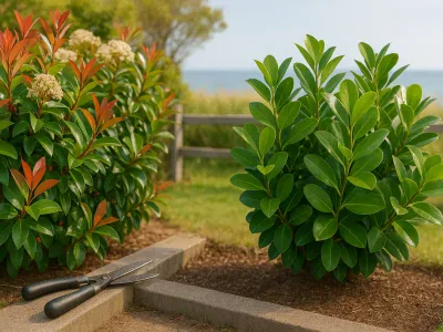 Photinia Red Robin Vs. Griselinia side-by-side-photinia-red-robin-with-red-new-leaves-and-glossy-green-griselinia-hedge