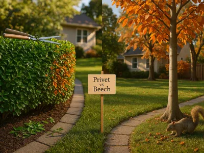 side-by-side-privet-hedge-and-beech-tree-in-a-suburban-yard-at-golden-hour