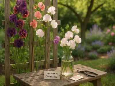 side-by-side-spencer-and-grandiflora-sweet-peas-on-a-trellis-with-a-mixed-vase