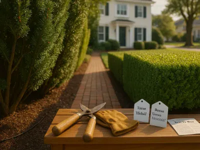 side-by-side-yew-and-boxwood-hedges-with-pruning-tools-on-a-bench
