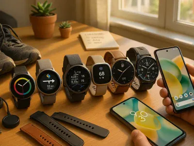 six-smartwatches-on-a-desk-with-phone-running-shoes-and-charging-accessories