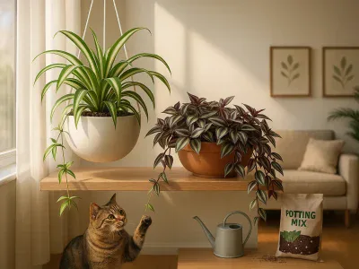 spider-plant-with-hanging-baby-plantlets-beside-trailing-purple-striped-tradescantia-on-shelf