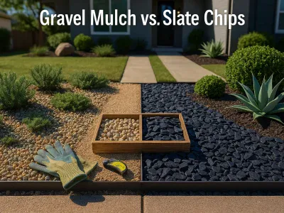 split-front-yard-bed-showing-gravel-mulch-on-left-and-slate-chips-on-right