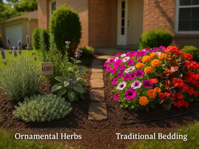 split-garden-bed-showing-herbs-lavender-rosemary-thyme-beside-colorful-bedding-plants