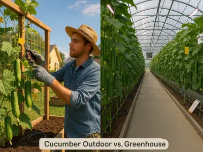 Cucumber Outdoor Vs. Greenhouse split-image-of-sunlit-backyard-trellis-and-controlled-greenhouse-cucumber-rows