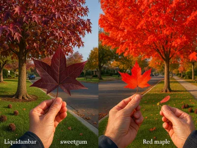 sweetgum-and-red-maple-side-by-side-in-a-suburban-yard-during-fall