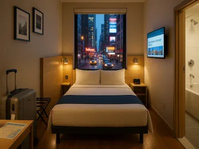 traveler-in-a-tidy-budget-nyc-hotel-room-with-city-skyline-outside