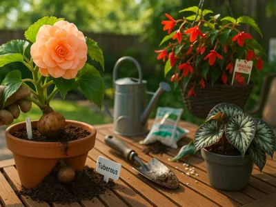 Begonia Tuberous Vs. Fibrous: Which Is Right For Your Garden? two-begonias-tuberous-with-big-blooms-and-fibrous-trailing-and-patterned-foliage