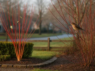 two-dogwoods-side-by-side-bright-red-alba-hedge-and-darker-sanguinea-thicket-with-bird