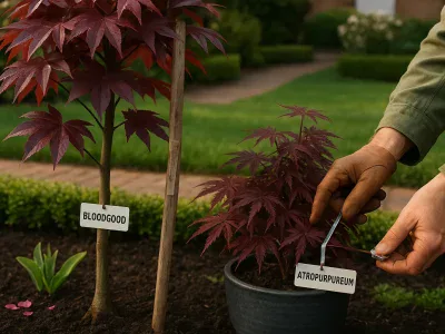 two-labeled-deep-red-japanese-maples-side-by-side-in-a-suburban-garden