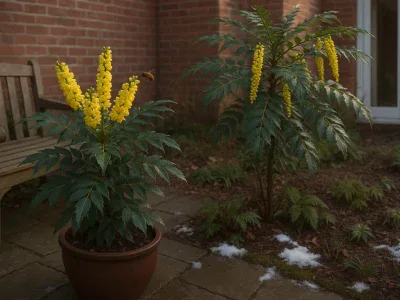 two-mahonias-compact-winter-sun-in-pot-and-taller-charity-behind-in-winter