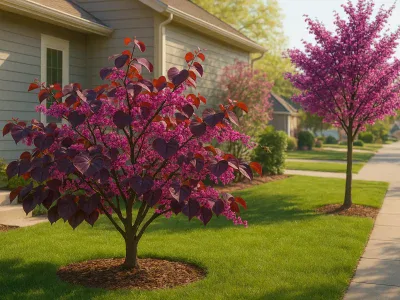 two-redbud-trees-side-by-side-broad-forest-pansy-and-upright-avondale-in-spring