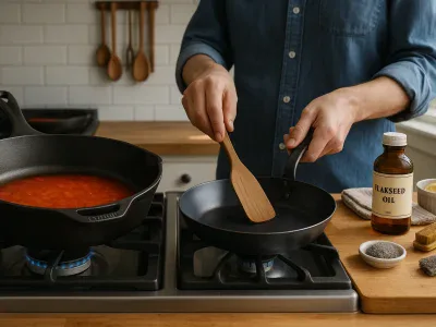 two-seasoned-pans-heavy-cast-iron-and-thinner-carbon-steel-side-by-side-on-a-stove