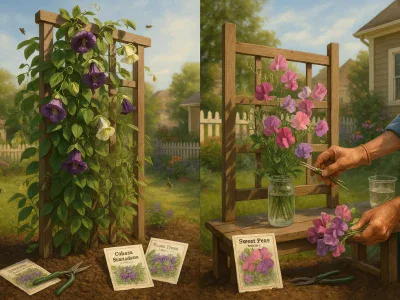 two-trellises-tall-cobaea-with-bells-and-lower-sweet-peas-with-ruffled-blooms