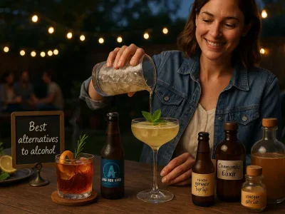 Best Alternatives to Alcohol woman-pouring-a-mocktail-on-a-table-of-alcohol-free-drinks-at-dusk
